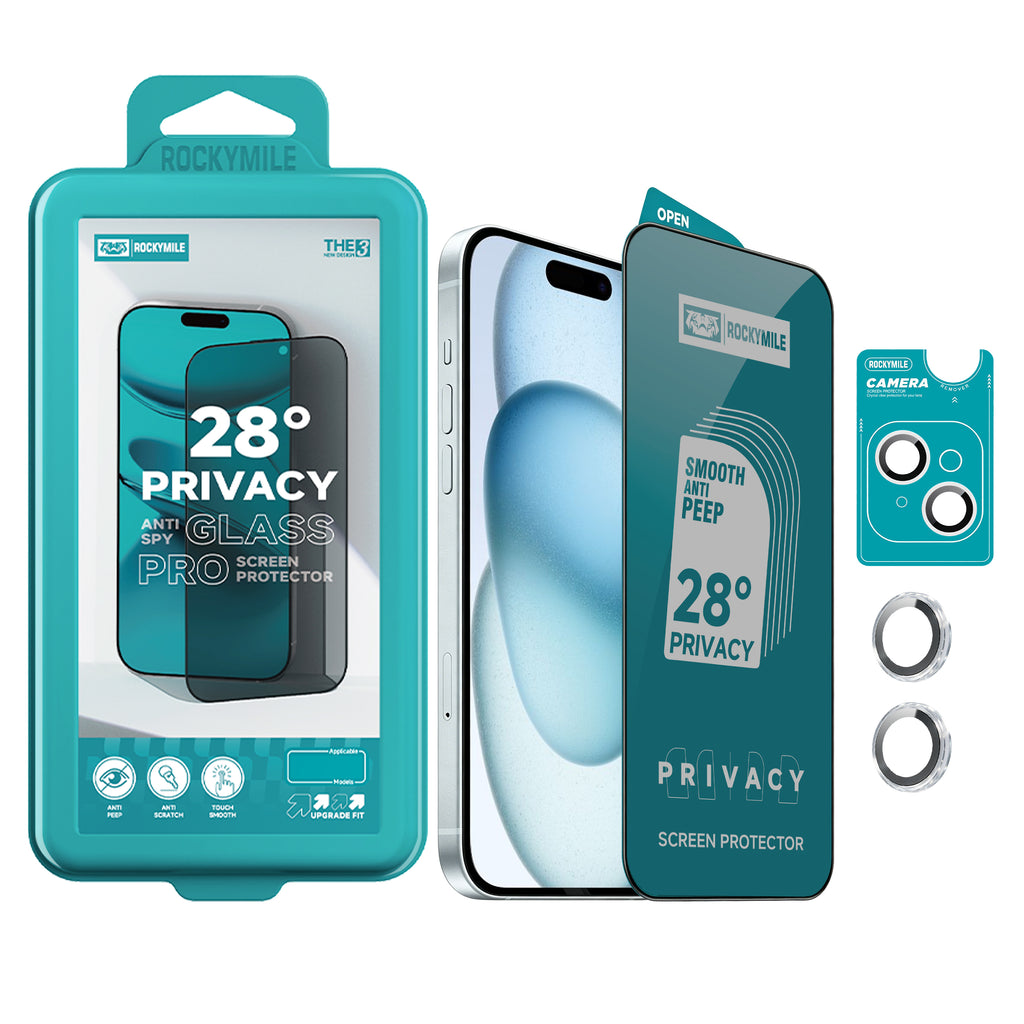 28° Anti-Spy Privacy Glass Screen Protector + Camera Lens Protector 2-in-1 Kit (THE3+CAM-1)