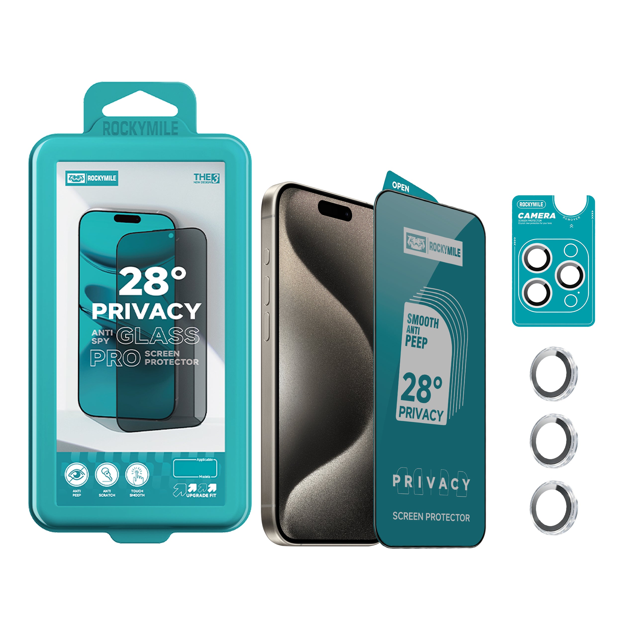 28° Anti-Spy Privacy Glass Screen Protector + Camera Lens Protector 2-in-1 Kit (THE3+CAM-1)