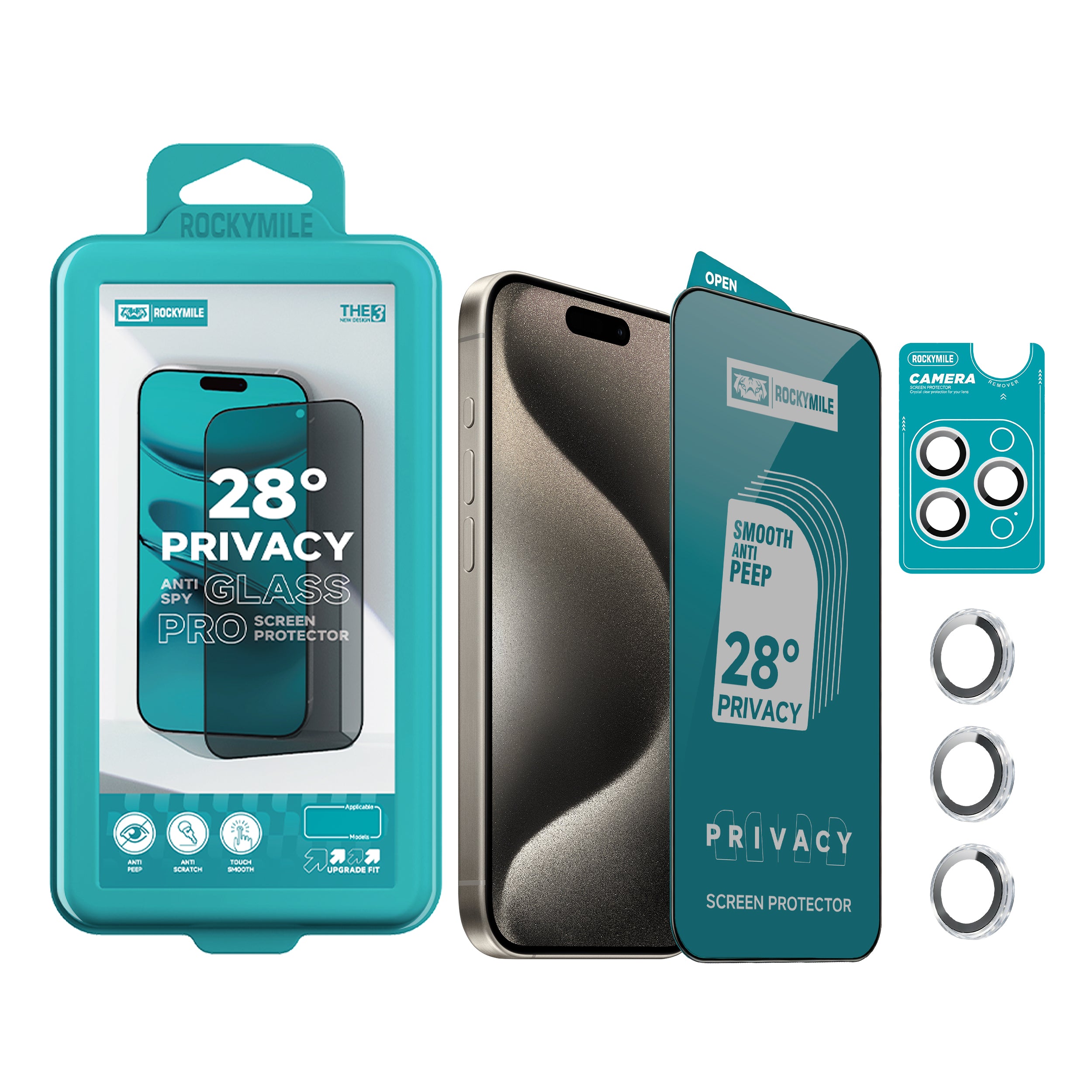 28° Anti-Spy Privacy Glass Screen Protector + Camera Lens Protector 2-in-1 Kit (THE3+CAM-1)