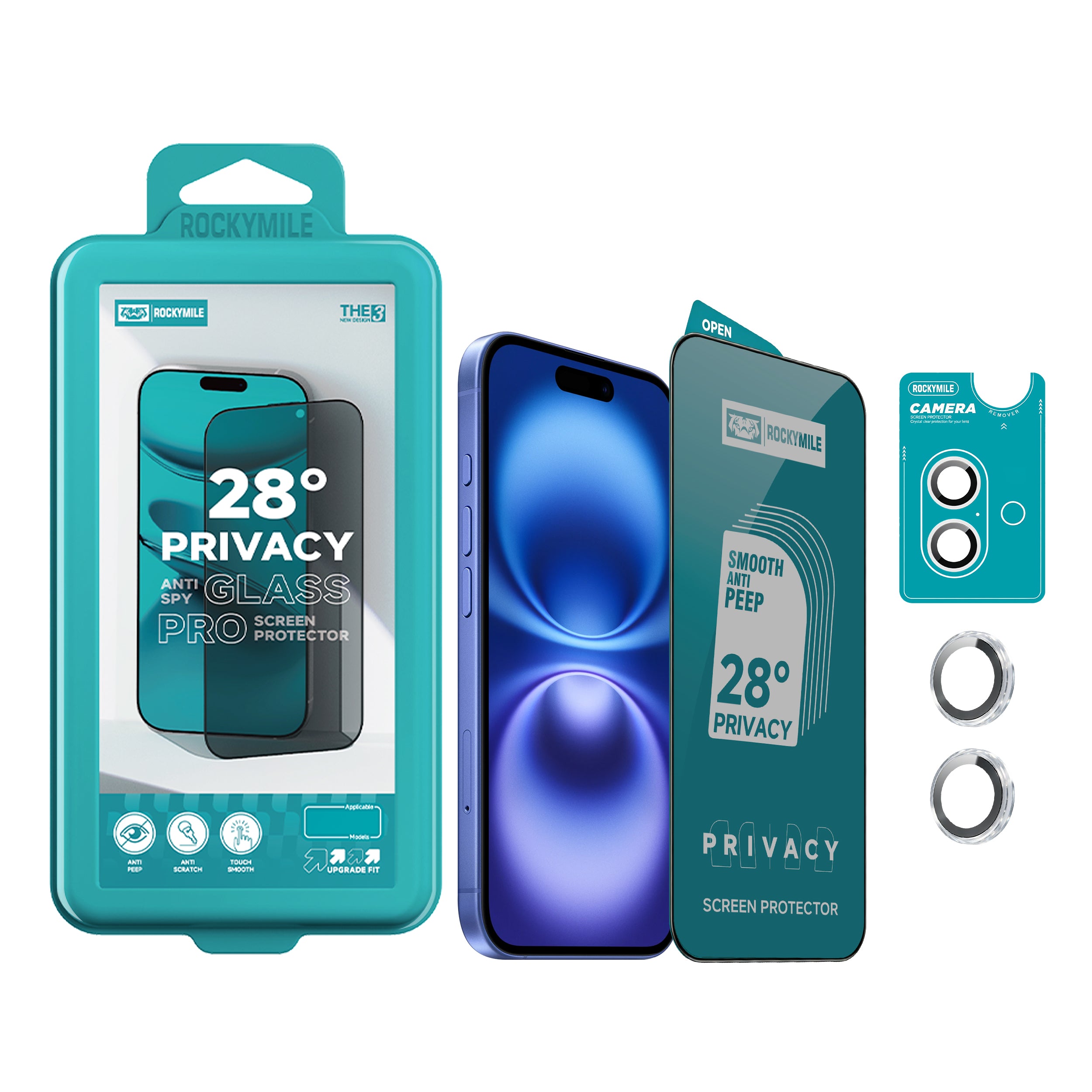28° Anti-Spy Privacy Glass Screen Protector + Camera Lens Protector 2-in-1 Kit (THE3+CAM-1)