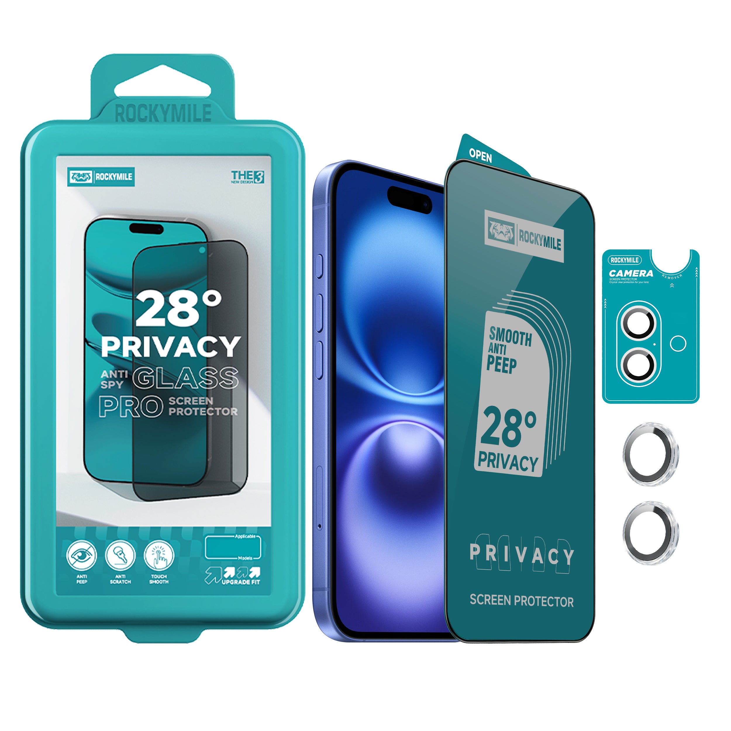 28° Anti-Spy Privacy Glass Screen Protector + Camera Lens Protector 2-in-1 Kit (THE3+CAM-1)