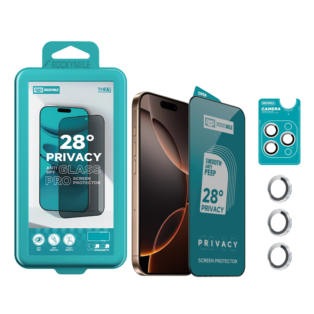 28° Anti-Spy Privacy Glass Screen Protector + Camera Lens Protector 2-in-1 Kit (THE3+CAM-1)