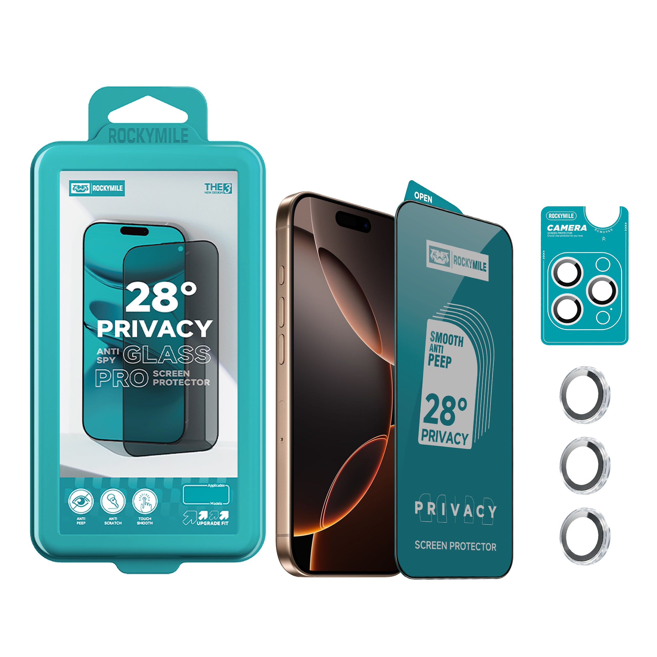 28° Anti-Spy Privacy Glass Screen Protector + Camera Lens Protector 2-in-1 Kit (THE3+CAM-1)