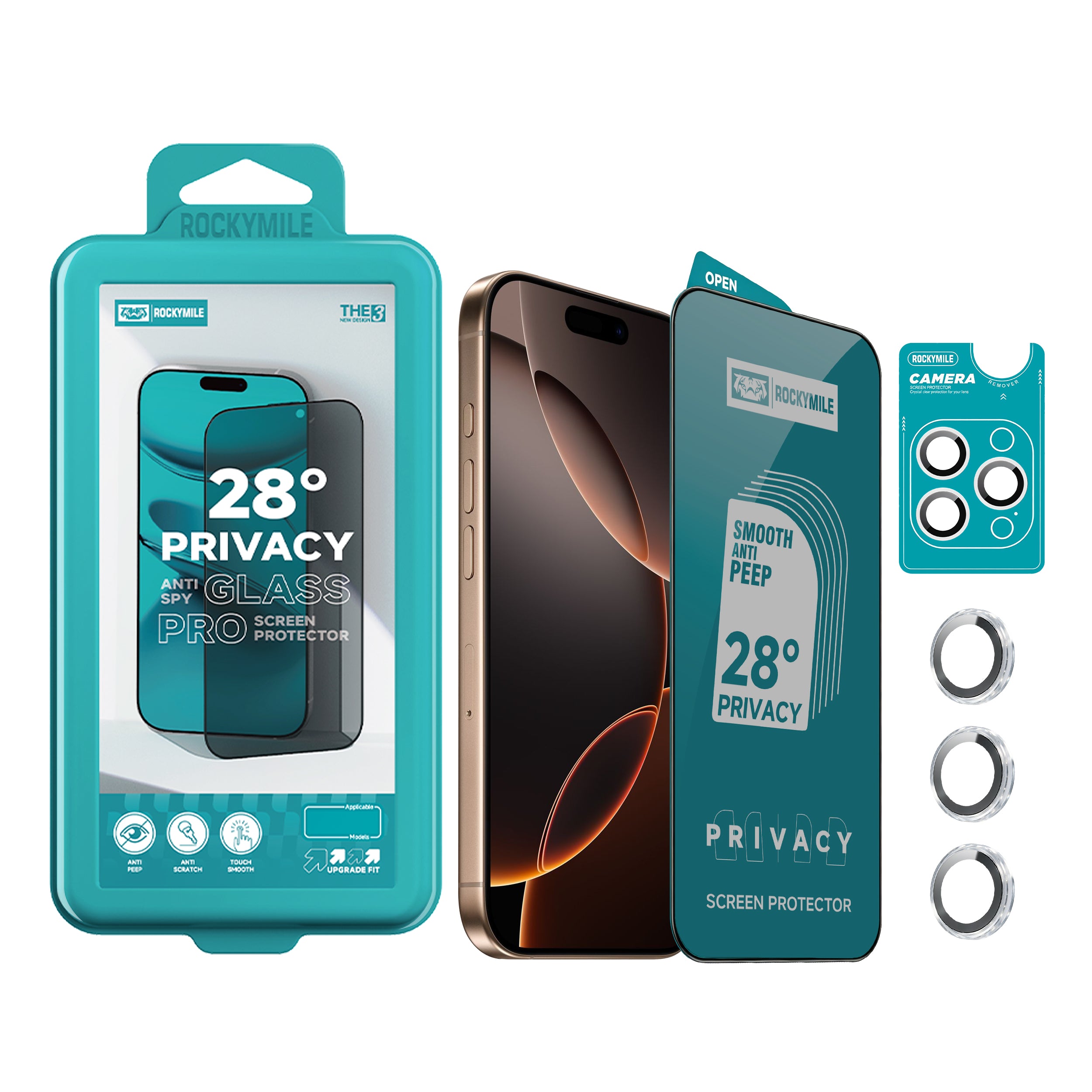 28° Anti-Spy Privacy Glass Screen Protector + Camera Lens Protector 2-in-1 Kit (THE3+CAM-1)