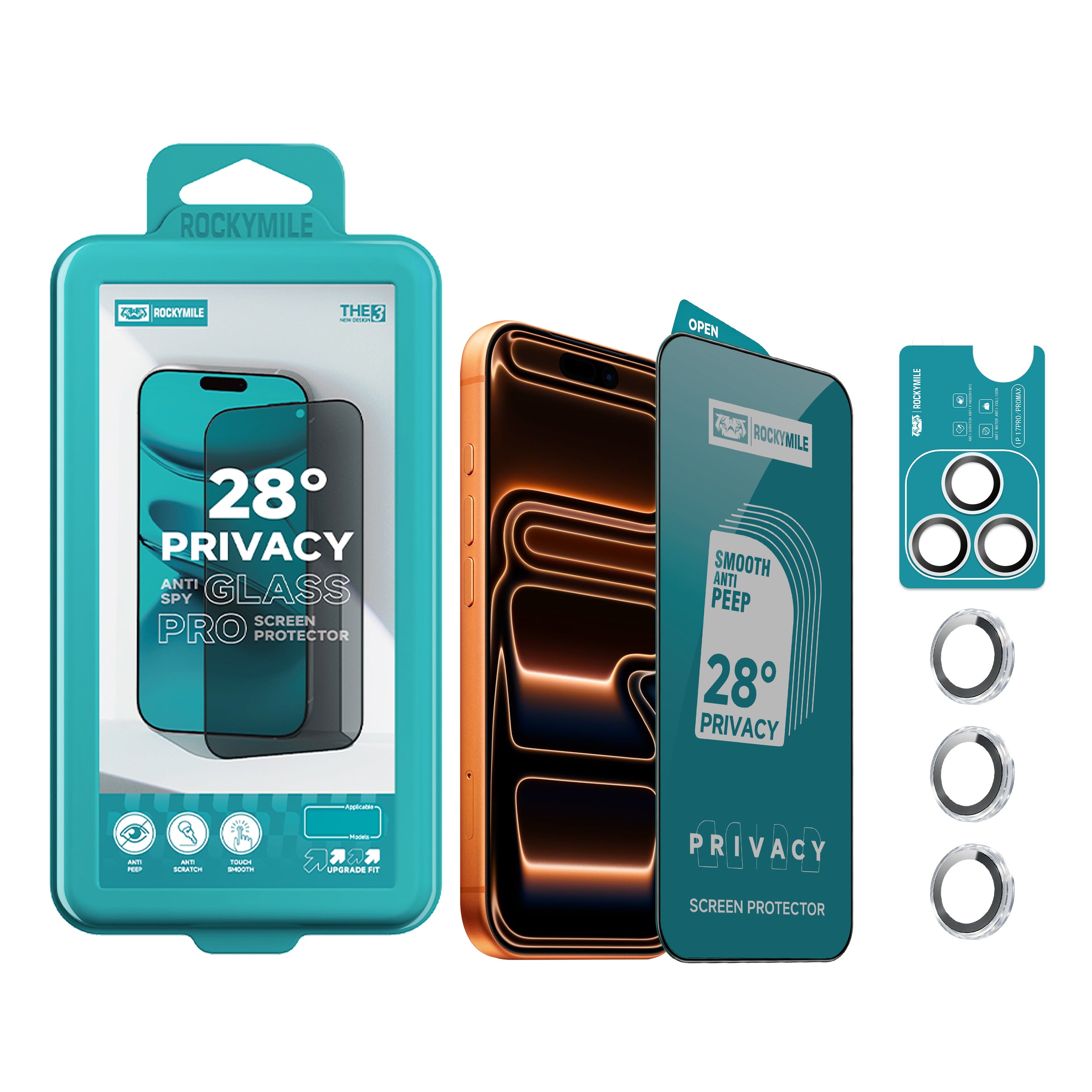 28° Anti-Spy Privacy Glass Screen Protector + Camera Lens Protector 2-in-1 Kit (THE3+CAM-1)