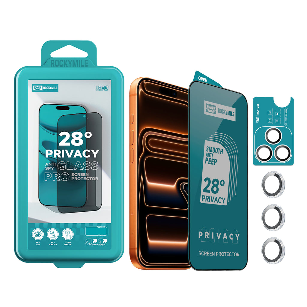 28° Anti-Spy Privacy Glass Screen Protector + Camera Lens Protector 2-in-1 Kit (THE3+CAM-1)
